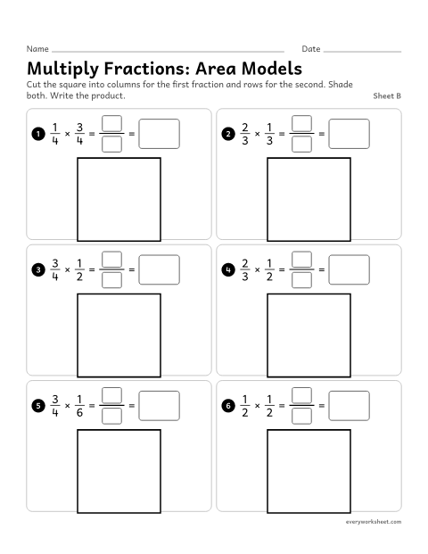 Preview of the printable “Multiply Fractions: area Models, sheet B” worksheet: drawing area models on a unit square to multiply two fractions, then writing the product