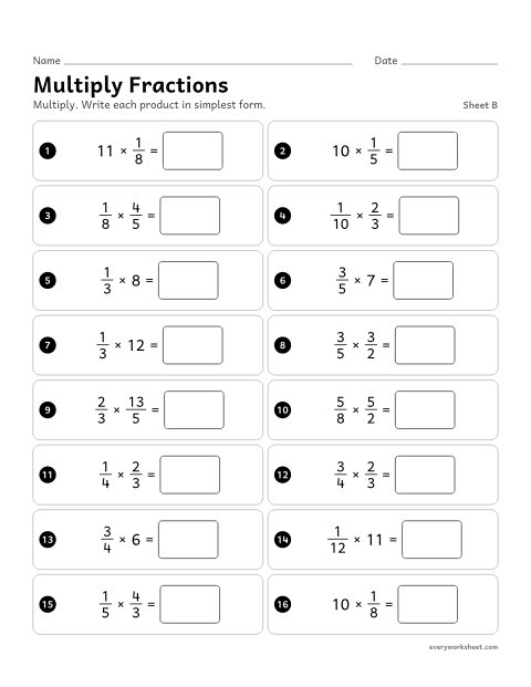 Preview of the printable “Multiply Fractions, sheet B” worksheet: multiplying fractions, whole numbers and fractions greater than 1, simplifying before or after multiplying