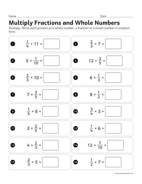Preview of the printable “Multiply fractions and whole numbers” worksheet: multiplying a fraction by a whole number as a × q ÷ b, with products as whole numbers, fractions or mixed numbers