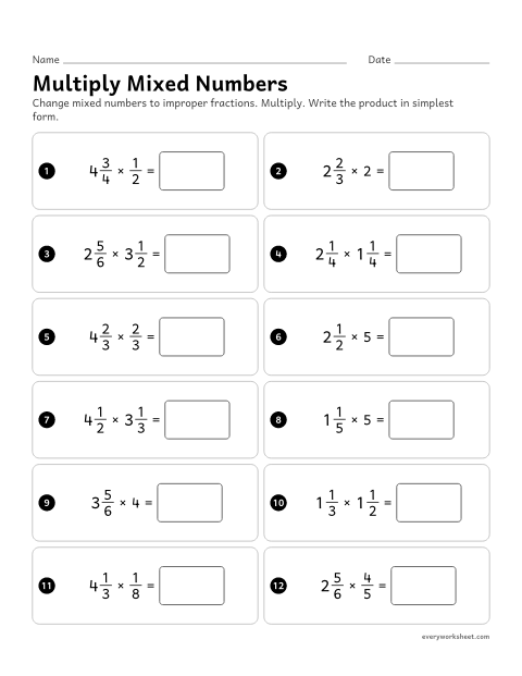 Preview of the printable “Multiply mixed numbers” worksheet: multiplying mixed numbers by whole numbers, fractions and mixed numbers by changing them to improper fractions first