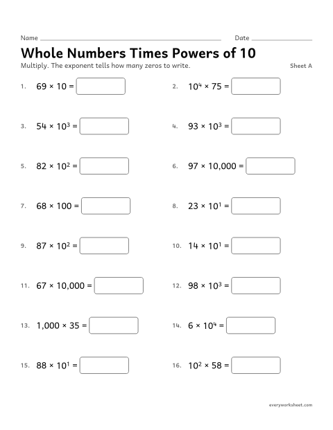 Preview of the printable “Whole numbers times powers of 10, sheet A” worksheet: multiplying whole numbers by powers of 10