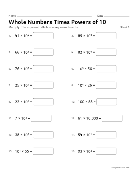Preview of the printable “Whole numbers times powers of 10, sheet B” worksheet: multiplying whole numbers by powers of 10