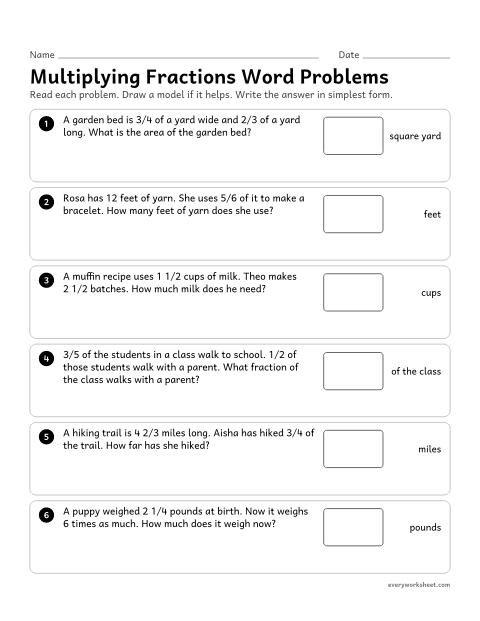 Preview of the printable “Multiplying fractions word problems” worksheet: solving real-world problems that multiply fractions, whole numbers and mixed numbers