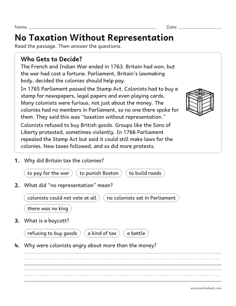 Preview of the printable “No taxation without representation reading passage” worksheet: explaining why colonists objected to British taxes