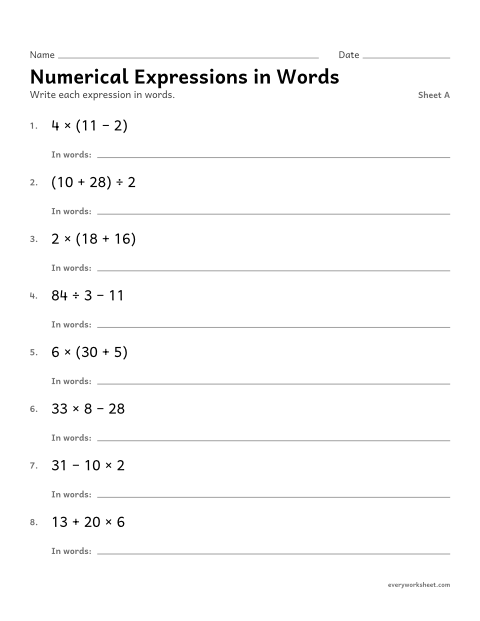 Preview of the printable “Numerical expressions in Words, sheet A” worksheet: describing numerical expressions in words