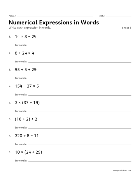 Preview of the printable “Numerical expressions in Words, sheet B” worksheet: describing numerical expressions in words