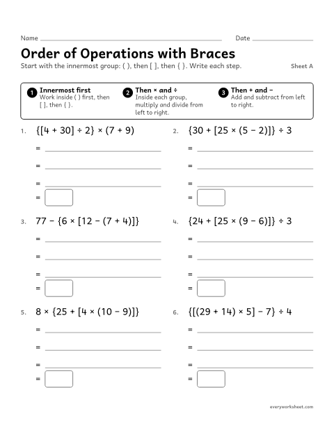 Preview of the printable “Order of operations with Braces, sheet A” worksheet: evaluating expressions with parentheses, brackets and braces