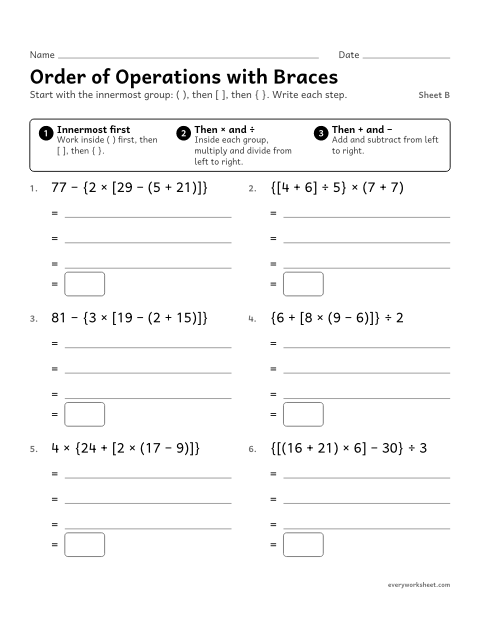 Preview of the printable “Order of operations with Braces, sheet B” worksheet: evaluating expressions with parentheses, brackets and braces