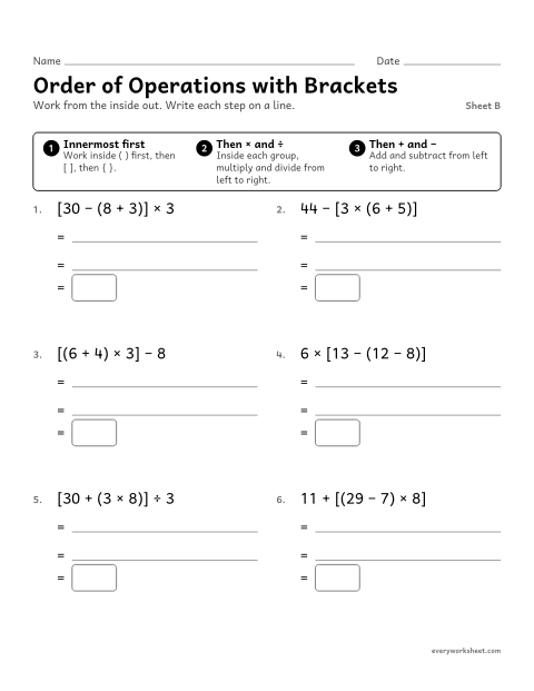 Preview of the printable “Order of operations with Brackets, sheet B” worksheet: evaluating expressions with parentheses and brackets