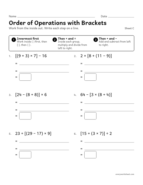 Preview of the printable “Order of operations with Brackets, sheet C” worksheet: evaluating expressions with parentheses and brackets