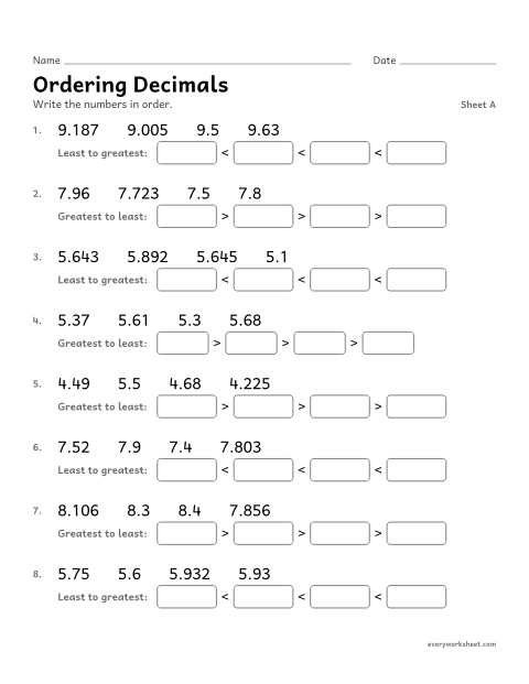Preview of the printable “Ordering Decimals, sheet A” worksheet: ordering decimals to thousandths