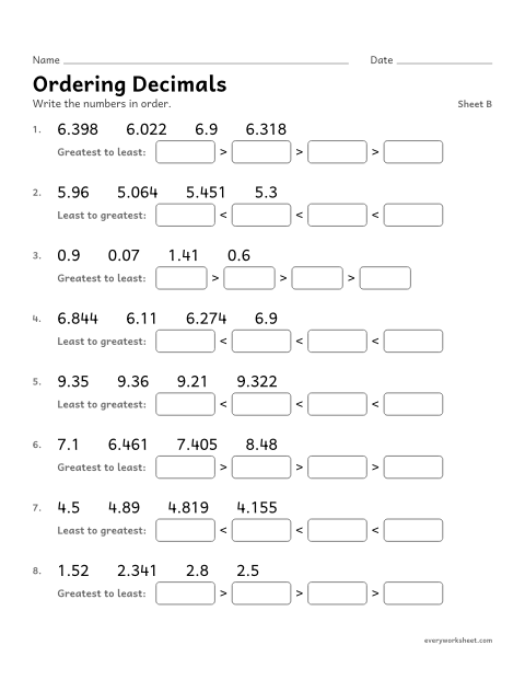 Preview of the printable “Ordering Decimals, sheet B” worksheet: ordering decimals to thousandths
