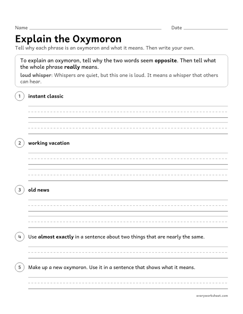 Preview of the printable “Explain the oxymoron” worksheet: explaining why a phrase is an oxymoron and what it means, then writing with oxymorons