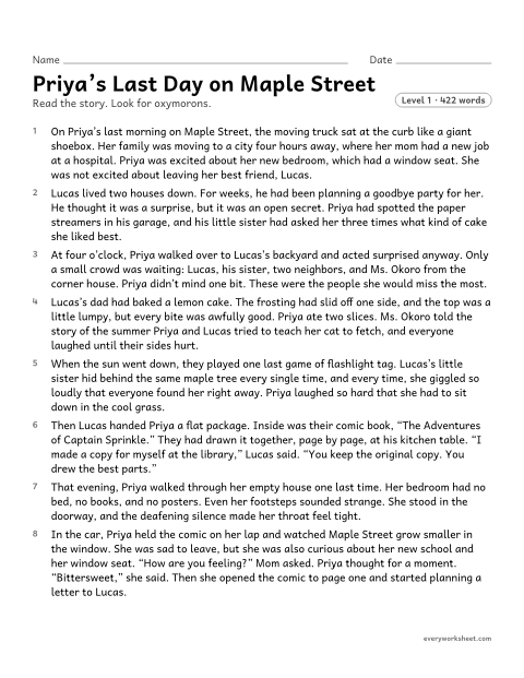 Preview of the printable “Priya's last day on maple street” worksheet: explaining the meaning of oxymorons in a story and how they show a character's feelings