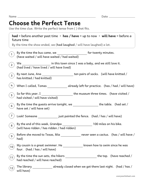 Preview of the printable “Choose the perfect tense” worksheet: choosing the past, present, or future perfect tense from time clues