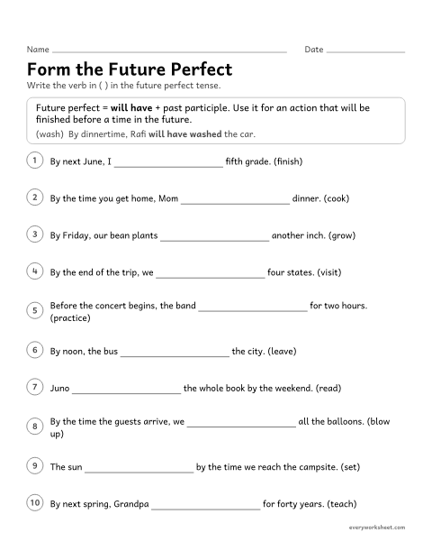 Preview of the printable “Form the future perfect” worksheet: forming the future perfect tense with will have and a past participle