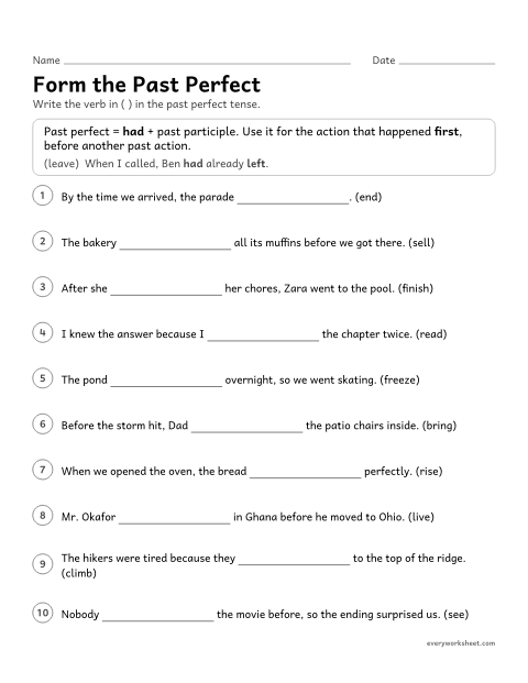 Preview of the printable “Form the past perfect” worksheet: forming the past perfect tense with had and a past participle