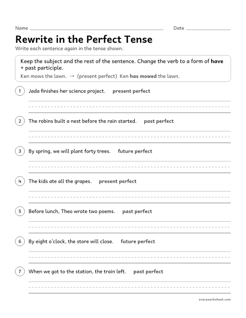 Preview of the printable “Rewrite in the perfect tense” worksheet: rewriting sentences in the present, past, and future perfect tenses