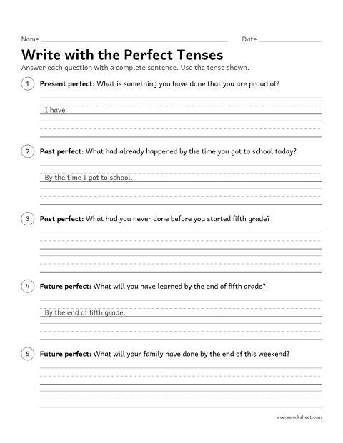 Preview of the printable “Write with the perfect tenses” worksheet: writing sentences in the present, past, and future perfect tenses