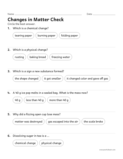 Preview of the printable “Physical and chemical changes quiz” worksheet: reviewing physical and chemical changes and conservation of mass