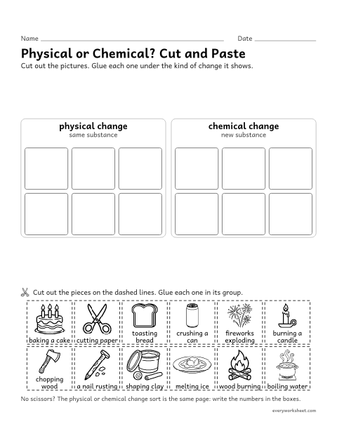 Preview of the printable “Physical or chemical change cut and paste sort” worksheet: classifying changes as physical or chemical