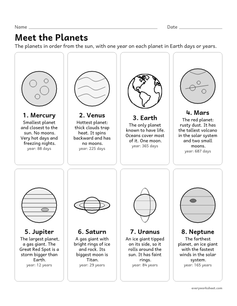 Preview of the printable “Planet facts for Kids: 8 planet cards poster” worksheet: describing each planet in the solar system