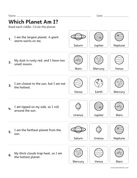 Preview of the printable “Planet riddles worksheet for kids” worksheet: identifying planets from their features