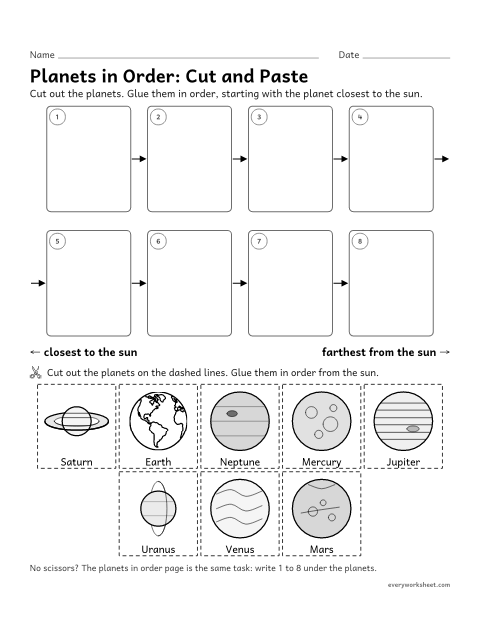 Preview of the printable “Planets in order cut and paste worksheet” worksheet: ordering the planets by distance from the sun