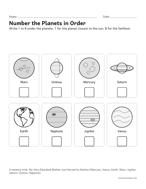 Preview of the printable “Order of the planets worksheet (Number 1 to 8)” worksheet: ordering the planets by distance from the sun