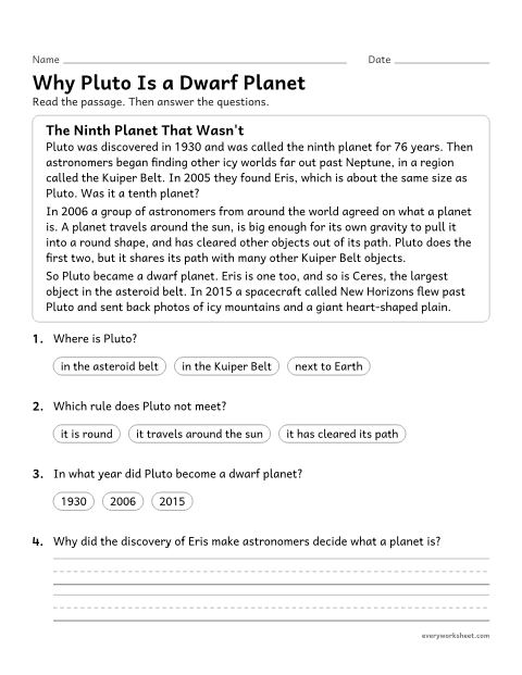 Preview of the printable “Is pluto a Planet? dwarf planets reading passage” worksheet: explaining how scientists classify planets and dwarf planets