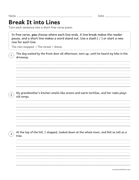 Preview of the printable “Break it into lines” worksheet: turning prose into free verse by choosing line breaks that create pauses and make key words stand out