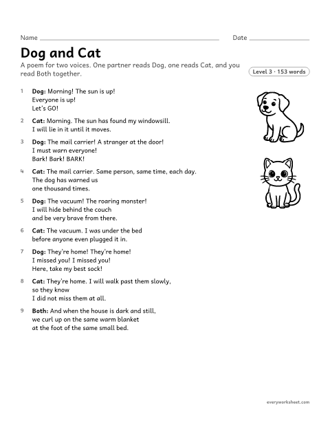 Preview of the printable “Dog and cat” worksheet: explaining how each speaker's point of view shapes how the same events are described