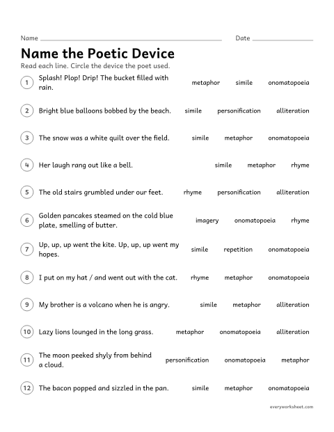 Preview of the printable “Name the poetic device” worksheet: identifying similes, metaphors, personification, alliteration, onomatopoeia, imagery, rhyme, and repetition in lines of poetry