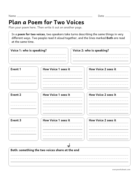 Preview of the printable “Plan a poem for two voices” worksheet: planning a poem for two voices that shows two points of view on the same events