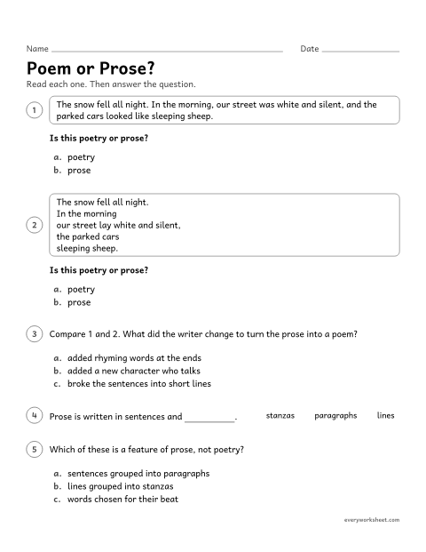 Preview of the printable “Poem or Prose?” worksheet: telling poetry from prose by its structure (lines and stanzas versus sentences and paragraphs) and explaining how a poem is built