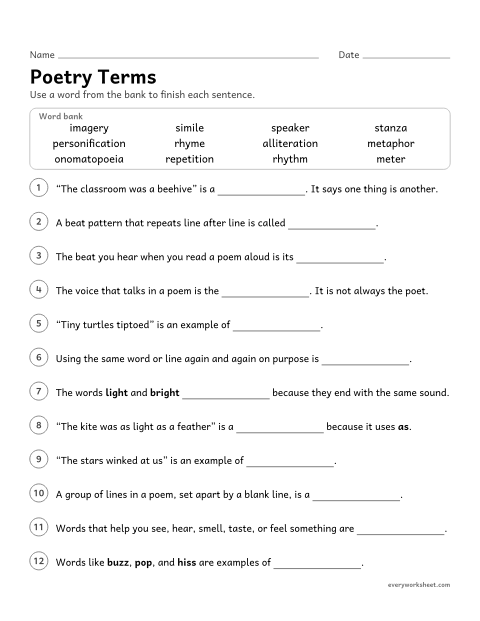 Preview of the printable “Poetry terms” worksheet: using the terms stanza, rhyme, rhythm, meter, speaker, and the names of poetic devices correctly