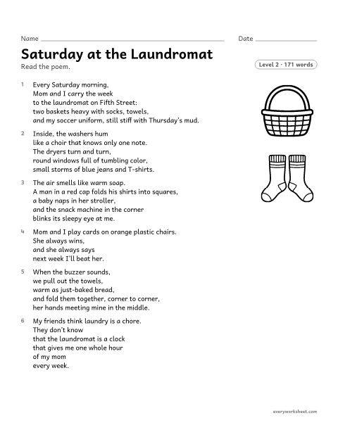 Preview of the printable “Saturday at the laundromat” worksheet: explaining what the similes, metaphors, and personification in a free verse poem mean