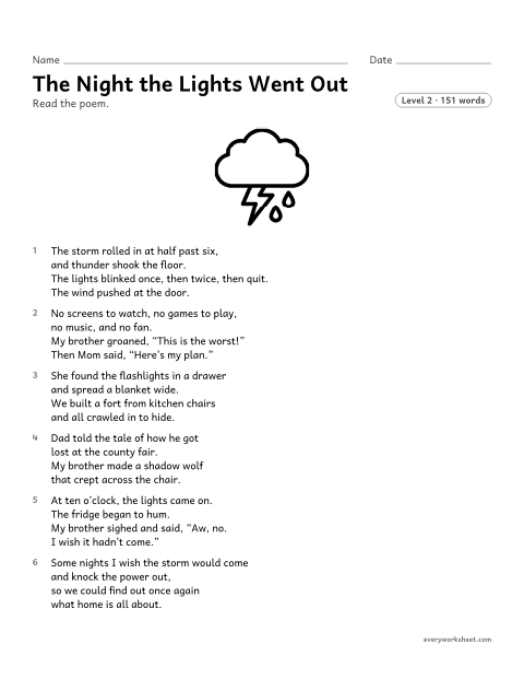 Preview of the printable “The night the lights went out” worksheet: explaining how the speaker of a rhyming poem reflects on a memory, and stating the theme