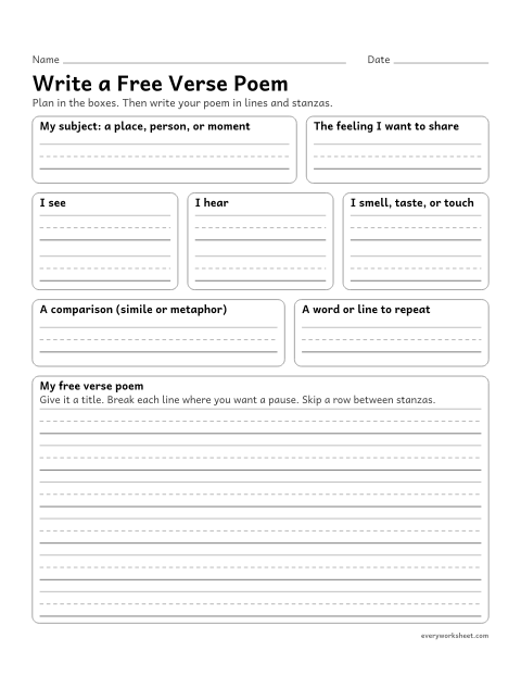 Preview of the printable “Write a free verse poem” worksheet: planning and writing a free verse poem with sensory details, a comparison, and purposeful line breaks