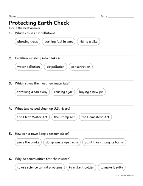 Preview of the printable “Pollution and conservation quiz for 5th grade” worksheet: reviewing pollution and ways communities protect resources