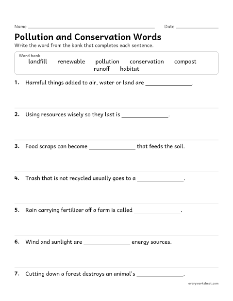 Preview of the printable “Pollution and conservation vocabulary worksheet” worksheet: using vocabulary about pollution and conservation