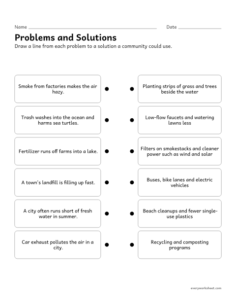 Preview of the printable “Pollution problems and solutions matching worksheet” worksheet: matching environmental problems to ways communities solve them