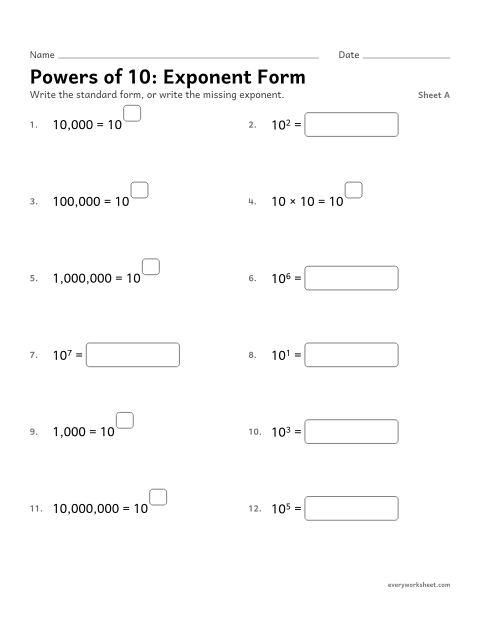 Preview of the printable “Powers of 10: exponent Form, sheet A” worksheet: writing powers of 10 with exponents