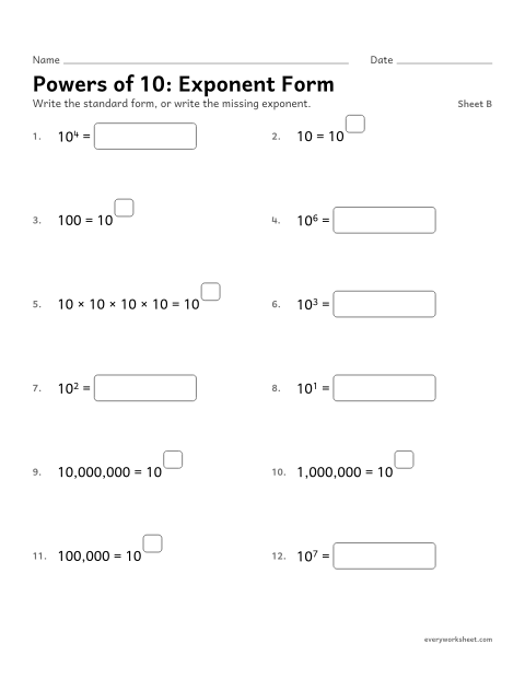 Preview of the printable “Powers of 10: exponent Form, sheet B” worksheet: writing powers of 10 with exponents