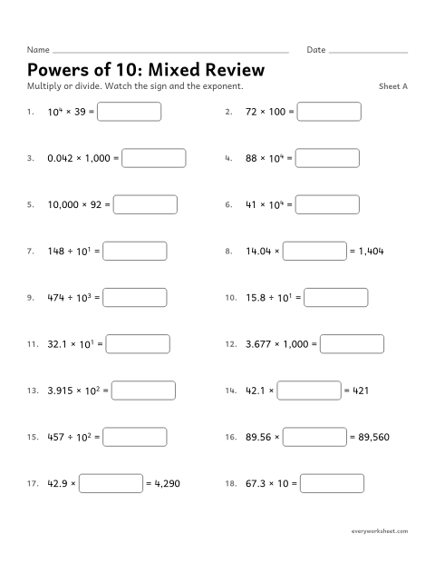 Preview of the printable “Powers of 10: mixed Review, sheet A” worksheet: multiplying and dividing by powers of 10 (mixed)