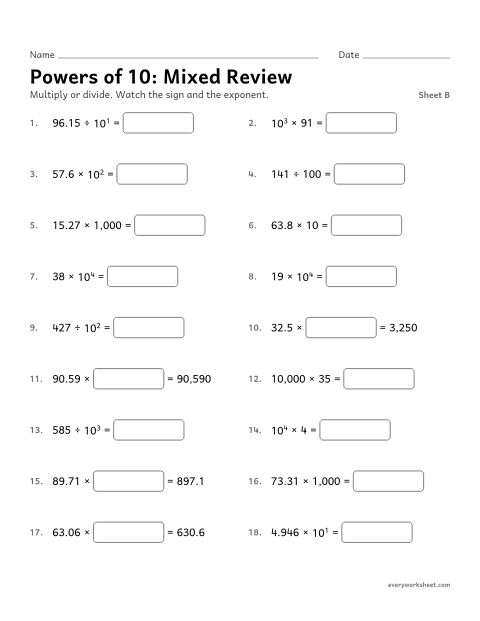 Preview of the printable “Powers of 10: mixed Review, sheet B” worksheet: multiplying and dividing by powers of 10 (mixed)
