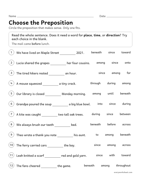 Preview of the printable “Choose the preposition” worksheet: choosing a preposition that fits the meaning of a sentence