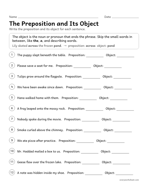 Preview of the printable “The preposition and its object” worksheet: finding a preposition and its object