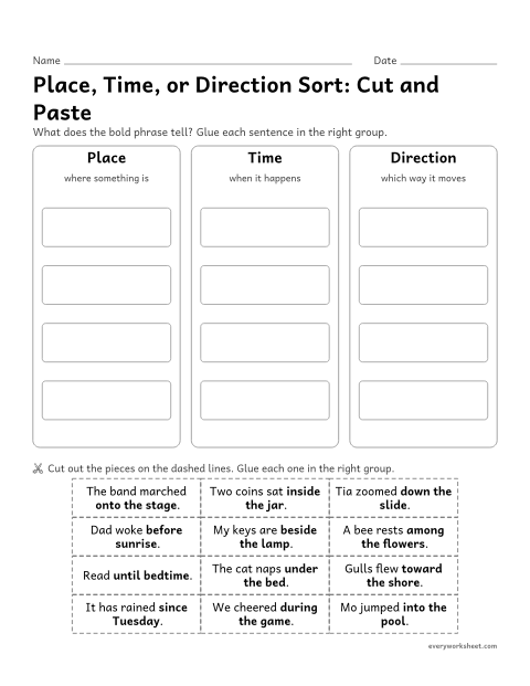 Preview of the printable “Place, Time, or direction Sort: cut and paste” worksheet: sorting prepositional phrases that tell place, time, and direction (cut and paste)