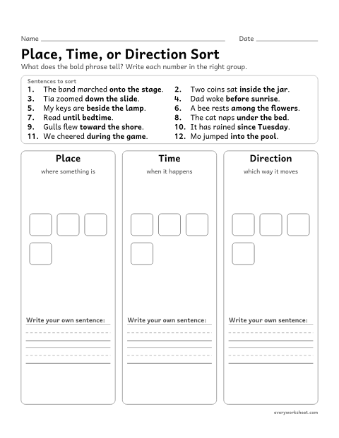 Preview of the printable “Place, Time, or direction sort” worksheet: sorting prepositional phrases that tell place, time, and direction